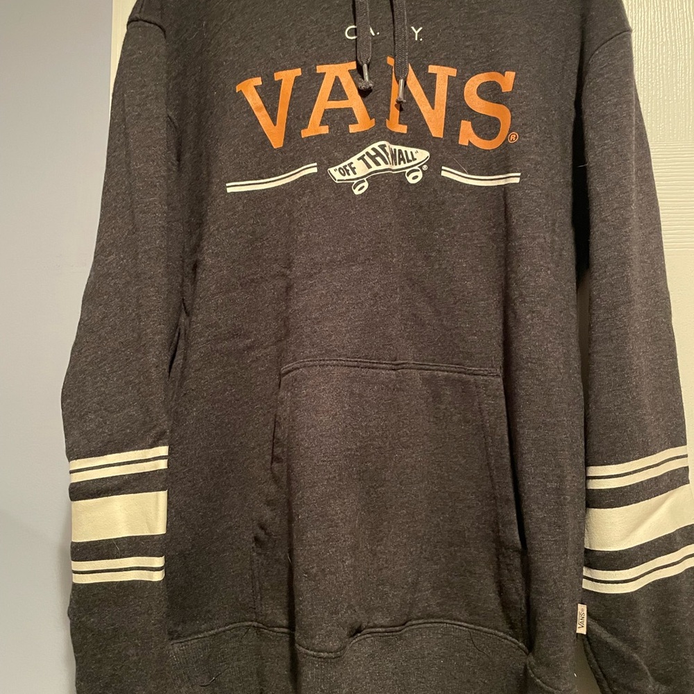 Vans Black Pullover Hoodie with Orange Logo and White Stripe Accents